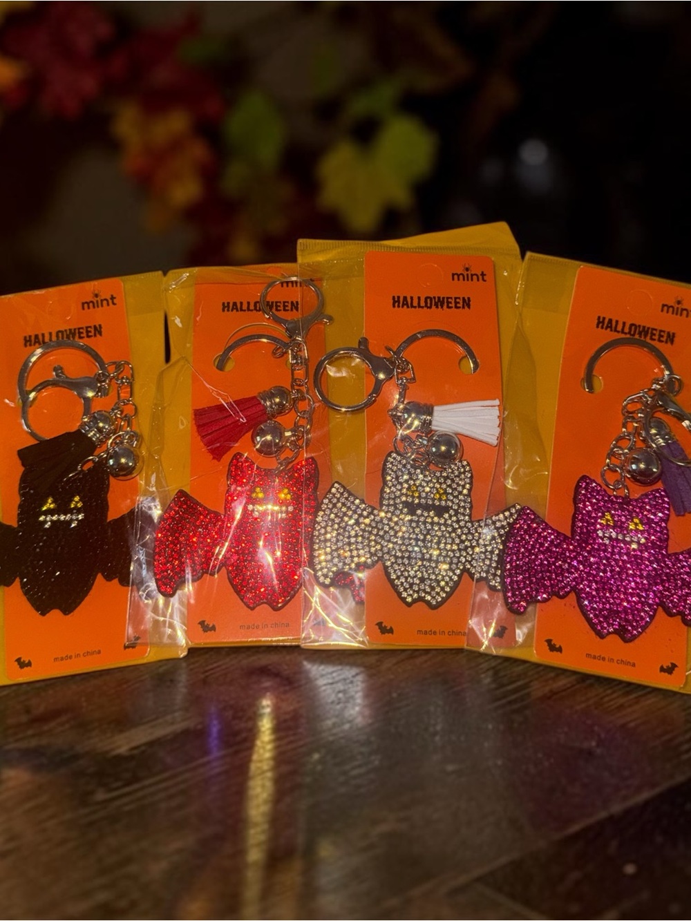 *Choose One* Halloween Mint Rhinestone Bat Keychain with Tassel NIP